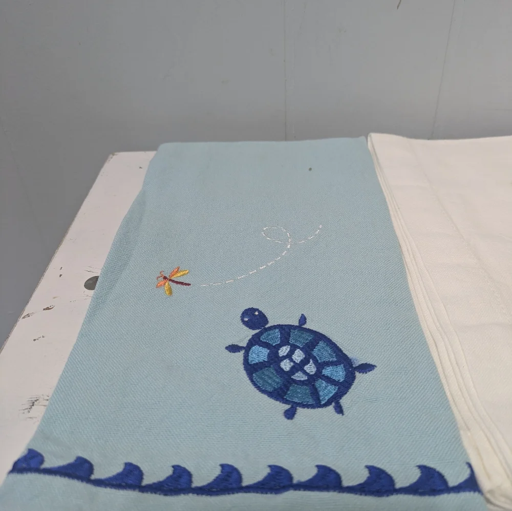 Set of 4 Turtle Sea Life Cotton Kitchen Tea Towels Coastal Nautical‎ Ocean Decor